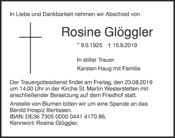 Traueranzeige von Rosine Glöggler von SÜDWEST PRESSE Ausgabe Ulm/Neu-Ulm