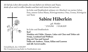 Traueranzeige von Sabine Häberlein von Hohenloher Tagblatt