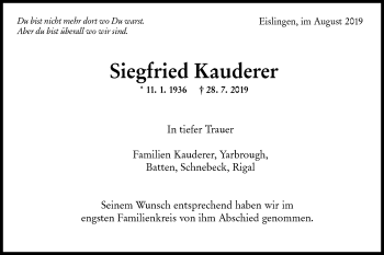 Traueranzeige von Siegfried Kauderer von NWZ Neue Württembergische Zeitung