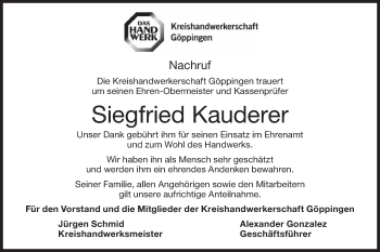 Traueranzeige von Siegfried Kauderer von NWZ Neue Württembergische Zeitung/Geislinger Zeitung