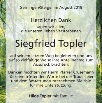 Traueranzeige von Siegfried Topler von Geislinger Zeitung