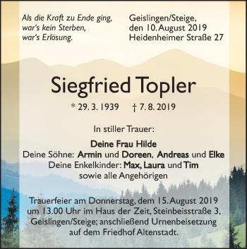 Traueranzeige von Siegfried Topler von Geislinger Zeitung