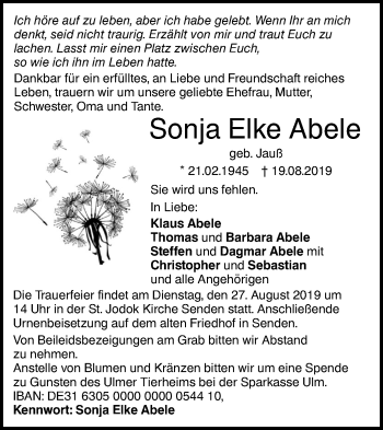 Traueranzeige von Sonja Elke Abele von SÜDWEST PRESSE Ausgabe Ulm/Neu-Ulm