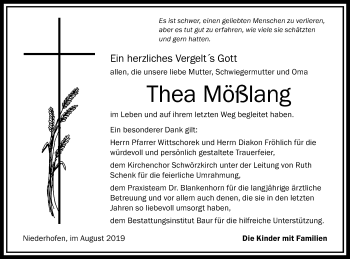 Traueranzeige von Thea Mößlang von Ehinger Tagblatt