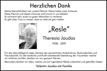 Traueranzeige von Theresia Jaudas von Alb-Bote/Metzinger-Uracher Volksblatt