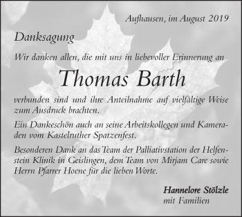 Traueranzeige von Thomas Barth von Geislinger Zeitung