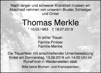 Traueranzeige von Thomas Merkle von SÜDWEST PRESSE Ausgabe Ulm/Neu-Ulm