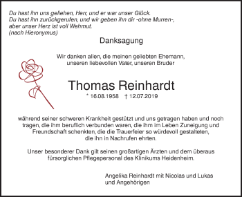 Traueranzeige von Thomas Reinhardt von SÜDWEST PRESSE Ausgabe Ulm/Neu-Ulm