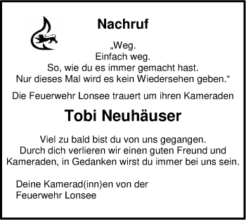 Traueranzeige von Tobi Neuhäuser von SÜDWEST PRESSE Ausgabe Ulm/Neu-Ulm