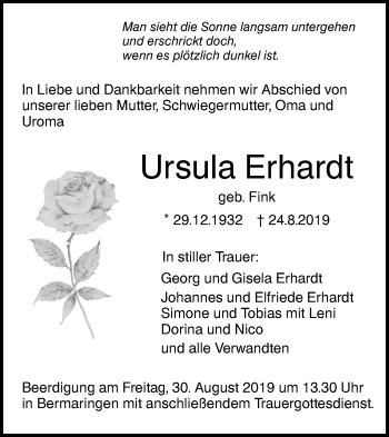 Traueranzeige von Ursula Erhardt von SÜDWEST PRESSE Ausgabe Ulm/Neu-Ulm