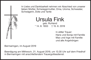 Traueranzeige von Ursula Fink von SÜDWEST PRESSE Ausgabe Ulm/Neu-Ulm