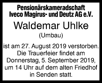 Traueranzeige von Waldemar Uhlke von SÜDWEST PRESSE Ausgabe Ulm/Neu-Ulm