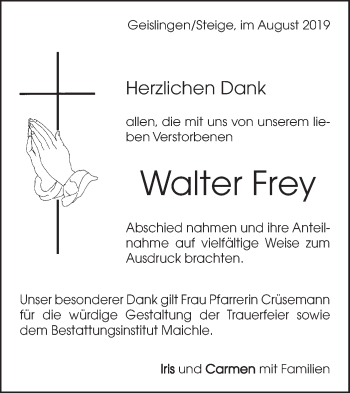 Traueranzeige von Walter Frey von Geislinger Zeitung