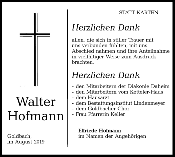 Traueranzeige von Walter Hofmann von Hohenloher Tagblatt