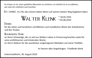 Traueranzeige von Walter Klenk von Haller Tagblatt