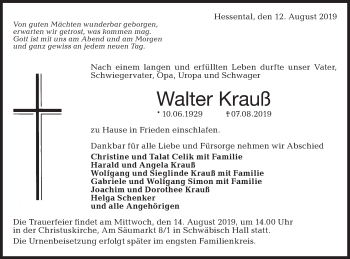 Traueranzeige von Walter Krauß von Haller Tagblatt