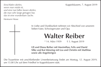 Traueranzeige von Walter Reiber von Metzinger-Uracher Volksblatt