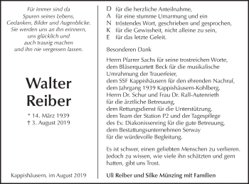 Traueranzeige von Walter Reiber von Metzinger-Uracher Volksblatt