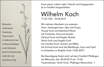 Traueranzeige von Wilhelm Koch von Metzinger-Uracher Volksblatt