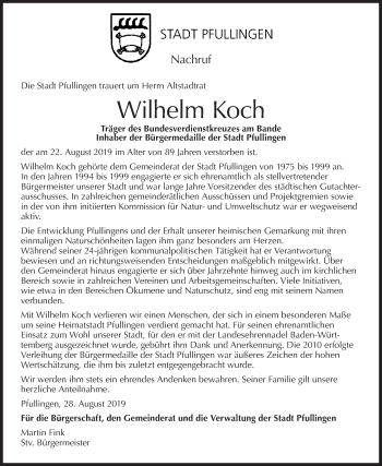 Traueranzeige von Wilhelm Koch von Metzinger-Uracher Volksblatt