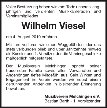 Traueranzeige von Wilhelm Viesel von Hohenzollerische Zeitung