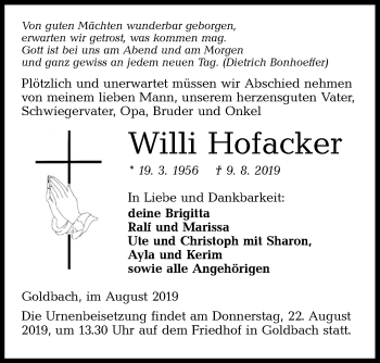 Traueranzeige von Willi Hofacker von Hohenloher Tagblatt