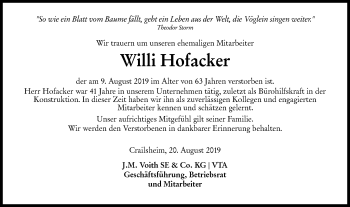 Traueranzeige von Willi Hofacker von Hohenloher Tagblatt