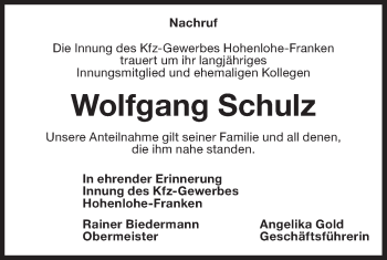 Traueranzeige von Wolfgang Schulz von Haller Tagblatt