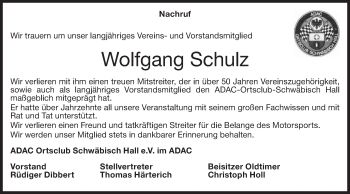 Traueranzeige von Wolfgang Schulz von Haller Tagblatt