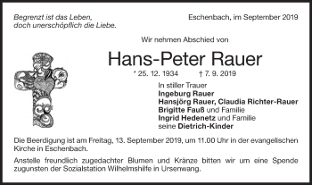 Traueranzeige von Hans-Peter Rauer von  NWZ