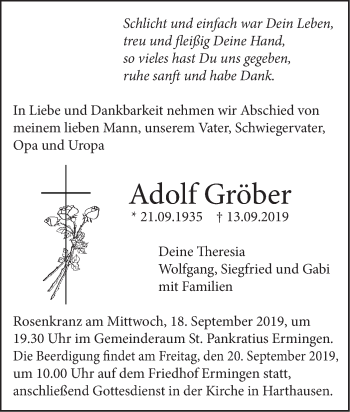 Traueranzeige von Adolf Gröber von SÜDWEST PRESSE Ausgabe Ulm/Neu-Ulm