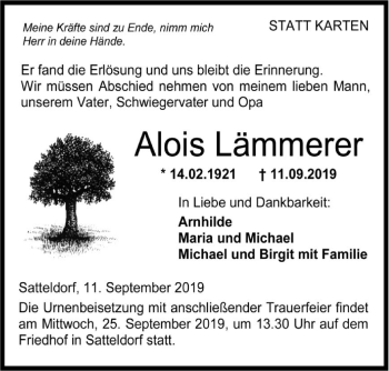 Traueranzeige von Alois Lämmerer von Hohenloher Tagblatt