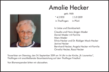 Traueranzeige von Amalie Hecker von SÜDWEST PRESSE Ausgabe Ulm/Neu-Ulm