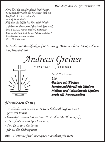 Traueranzeige von Andreas Greiner von Rundschau Gaildorf