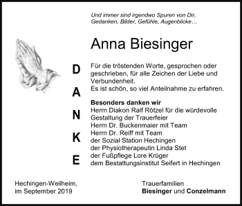 Traueranzeige von Anna Biesinger von Hohenzollerische Zeitung