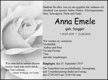 Traueranzeige von Anna Emele von Hohenzollerische Zeitung