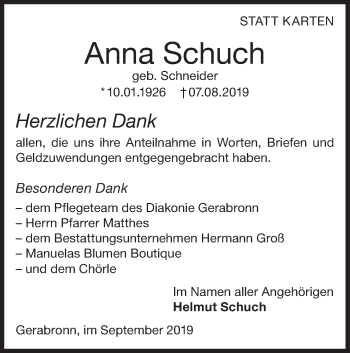 Traueranzeige von Anna Schuch von Hohenloher Tagblatt