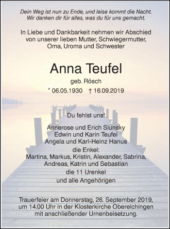 Traueranzeige von Anna Teufel von SÜDWEST PRESSE Ausgabe Ulm/Neu-Ulm