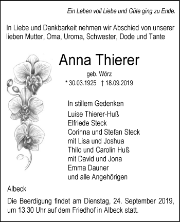 Traueranzeige von Anna Thierer von SÜDWEST PRESSE Ausgabe Ulm/Neu-Ulm