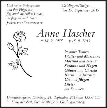 Traueranzeige von Anne Hascher von Geislinger Zeitung