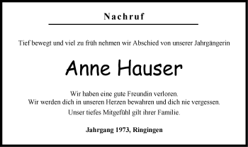 Traueranzeige von Anne Hauser von Hohenzollerische Zeitung