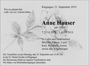 Traueranzeige von Anne Hauser von Hohenzollerische Zeitung