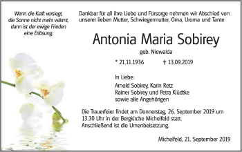 Traueranzeige von Antonia Maria Sobirey von Haller Tagblatt