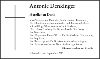 Traueranzeige von Antonie Denkinger von Ehinger Tagblatt