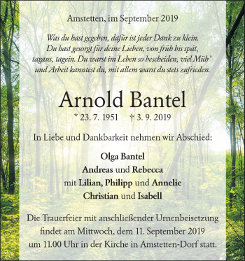 Traueranzeige von Arnold Bantel von Geislinger Zeitung