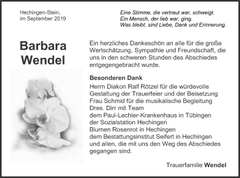 Traueranzeige von Barbara Wendel von Hohenzollerische Zeitung