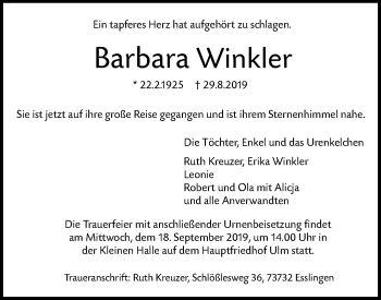 Traueranzeige von Barbara Winkler von SÜDWEST PRESSE Ausgabe Ulm/Neu-Ulm