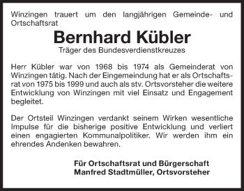 Traueranzeige von Bernhard Kübler von NWZ Neue Württembergische Zeitung