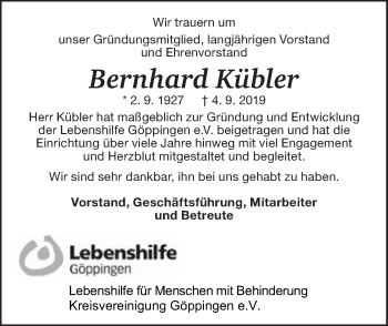 Traueranzeige von Bernhard Kübler von NWZ Neue Württembergische Zeitung/Geislinger Zeitung