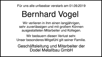 Traueranzeige von Bernhard Vogel von SÜDWEST PRESSE Ausgabe Ulm/Neu-Ulm